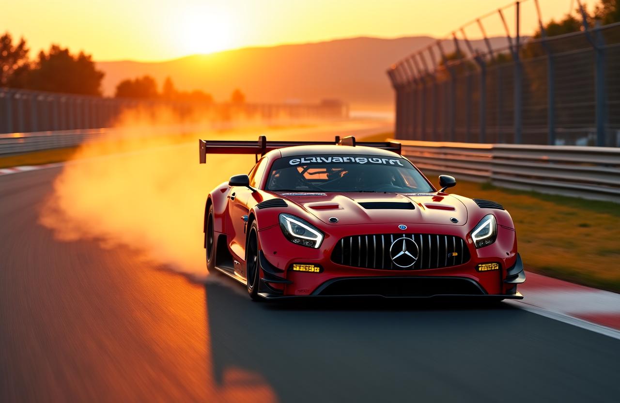 Voiture de course GT3 sur circuit au crépuscule