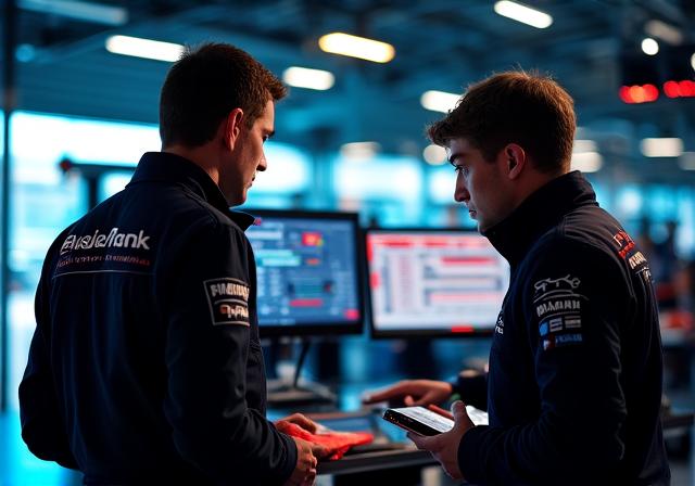 Équipe technique coordonnant une stratégie dans le garage
